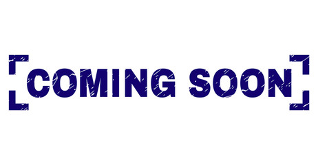 COMING SOON text seal print with corroded effect. Text caption is placed inside corners. Blue vector rubber print of COMING SOON with scratched texture.