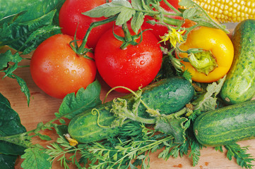 Tomatoes, peppers and cucumbers with leaves and flowers