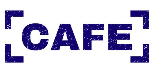 CAFE text seal print with grunge effect. Text caption is placed between corners. Blue vector rubber print of CAFE with unclean texture.