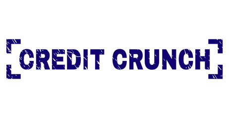 CREDIT CRUNCH text seal watermark with corroded texture. Text caption is placed between corners. Blue vector rubber print of CREDIT CRUNCH with grunge texture.