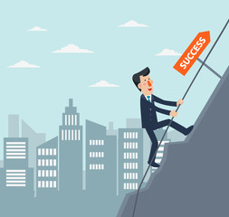 Way to success. Concept of business competition. Man climbing on the rock