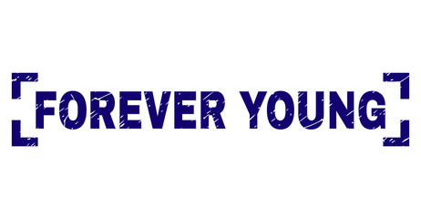 FOREVER YOUNG caption seal imprint with grunge texture. Text caption is placed between corners. Blue vector rubber print of FOREVER YOUNG with scratched texture.