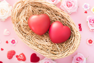 Valentine Day Red heart in a basket with roses