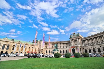 VIENNA, AUSTRIA - 1 October 2018: Famous Square Helden - Heldenplatz and Imperial palace Hofburg in Vienna, Austria. Vienna is UNESCO World Heritage Site