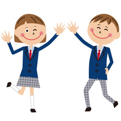 ポップな学生服の男女 喜んでタッチ