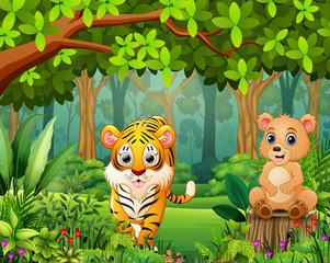 Happy wild animal cartoon in a beautiful green forest