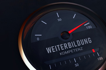 Fototapeta premium Bildung. Konzept zur Gemeinsamkeit zwischen Weiterbildung und Kompetenz. Autotacho zeigt symbolisch Maximum auf einer Skala an. 