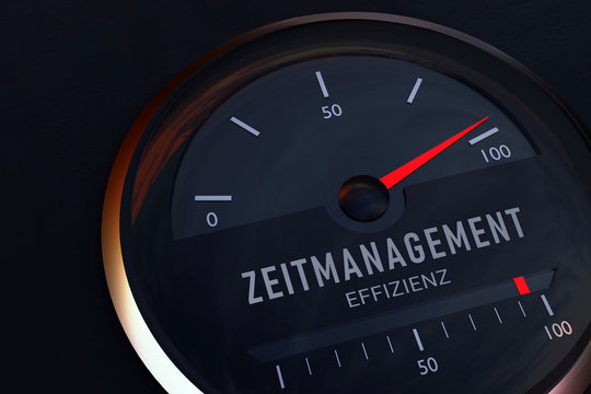 Konzept zum Zusammenhang zwischen Zeitmanagement und Effizienz. Auto-Tacho zeigt symbolisch Maximum auf einer Skala an. 