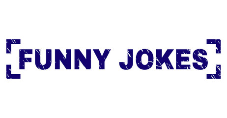 FUNNY JOKES title seal stamp with distress texture. Text title is placed inside corners. Blue vector rubber print of FUNNY JOKES with grunge texture.