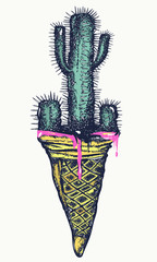 Naklejki  Projekt koszulki z kaktusami i lodami. Psychologiczne pojęcie bólu i przyjemności, dwulicowości, rezerwy, kreatywności, nieosiągalnego celu. Sztuka popkultury