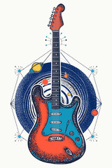 Guitar and universe t-shirt design. Music art color poster