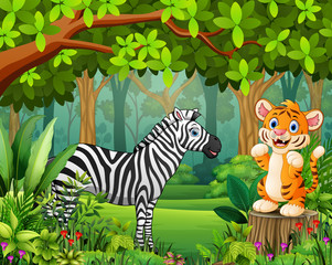 Happy wild animal cartoon in a beautiful green forest