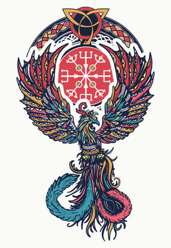 Phoenix celtic style. Magic fire birds tattoo and t-shirt celtic design. Symbol of revival, regeneration, life and death