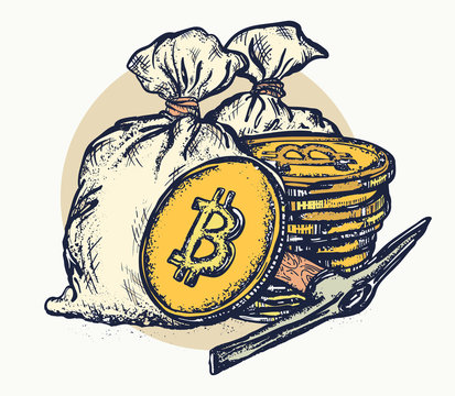 Golden coins and bag of money. Cryptocurrency bitcoin mining symbol