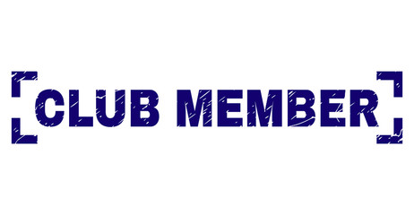 CLUB MEMBER text seal print with distress style. Text tag is placed between corners. Blue vector rubber print of CLUB MEMBER with scratched texture.