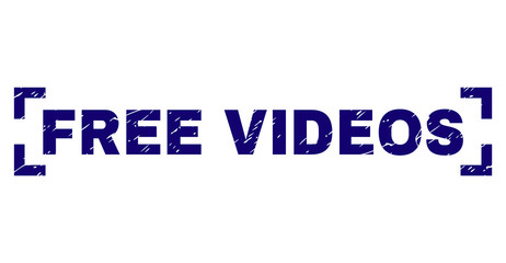 FREE VIDEOS label seal stamp with corroded texture. Text label is placed between corners. Blue vector rubber print of FREE VIDEOS with dirty texture.