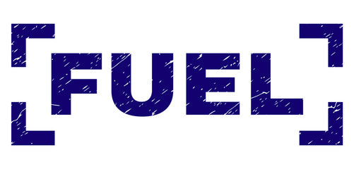FUEL label seal print with corroded effect. Text label is placed inside corners. Blue vector rubber print of FUEL with corroded texture.