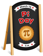 Pi Day, March 14, international holiday to celebrate the mathematical constant pi and eat lots of fresh baked sweet pie, sidewalk chalk board sign, folding easel, brass chain, red polka dot text. - obrazy, fototapety, plakaty