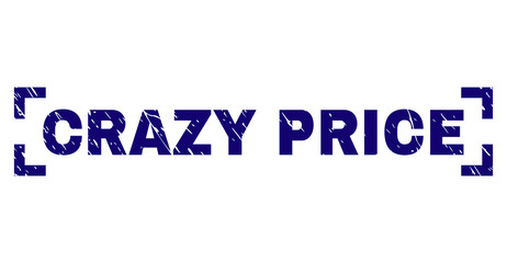 CRAZY PRICE tag seal stamp with corroded texture. Text tag is placed between corners. Blue vector rubber print of CRAZY PRICE with dirty texture.