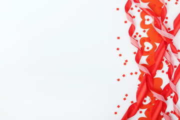 Background wit red ribbon and bright hearts for Valentine day decoration