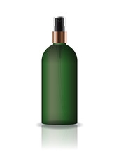 Blank green cosmetic round bottle with pressed spray head for beauty or healthy product. Isolated on white background with reflection shadow. Ready to use for package design. Vector illustration.