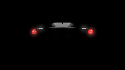 silhouette of black supercar with headlights on black background, 3d render, generic design, non-branded
