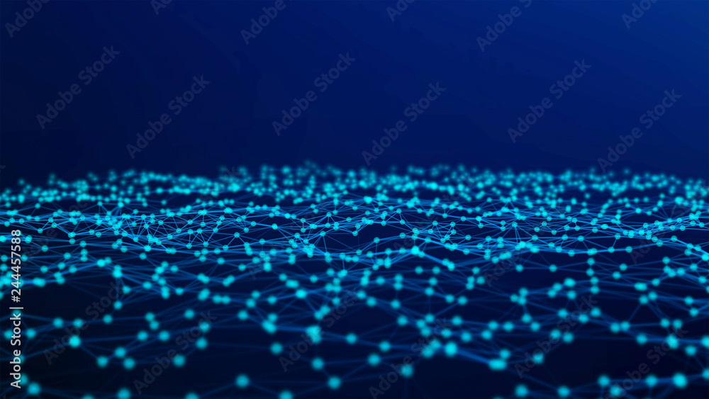 Poster blue digital computer data and network connection triangle lines and spheres in futuristic technolog