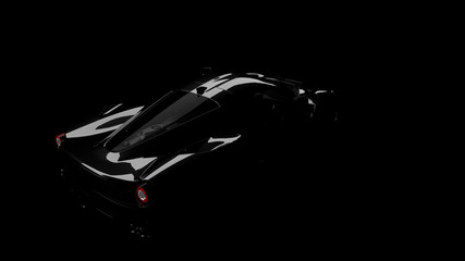 silhouette of black supercar with headlights on black background, 3d render, generic design, non-branded