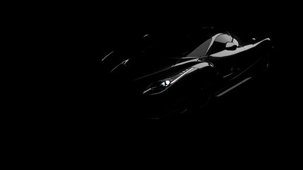 silhouette of black supercar with headlights on black background, 3d render, generic design, non-branded