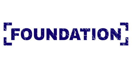 FOUNDATION title seal watermark with corroded texture. Text tag is placed between corners. Blue vector rubber print of FOUNDATION with corroded texture.