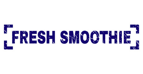 FRESH SMOOTHIE title seal imprint with grunge texture. Text title is placed inside corners. Blue vector rubber print of FRESH SMOOTHIE with dust texture.