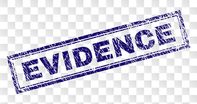 EVIDENCE stamp seal watermark with rubber print style and double framed rectangle shape. Stamp is placed on a transparent background. Blue vector rubber print of EVIDENCE caption with grunge texture.