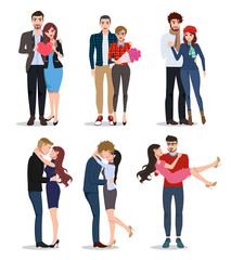 Obraz premium Couple vector characters set. Valentines lovers in relationship dating, holding hands and kissing isolated in white background. Vector illustration.