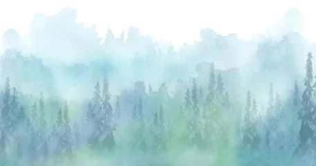 Fototapeten Aquarellkunstillustration. Zeichnung des blauen Waldes, Kiefer, Fichte, Zeder. Dunkler, dichter Wald, Vorstadtlandschaft. Postkarte, Logo, Karte. Nebelwald, Dunst. © helgafo