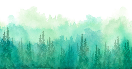 Obraz premium Watercolor group of trees - fir, pine, cedar, fir-tree. green forest, landscape, forest landscape. Drawing on white isolated background. Misty forest in haz. Ecological poster. Watercolor painting