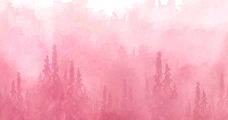 Watercolor art illustration. Drawing of the red, pink forest, pine tree, spruce, cedar. Dark, dense forest, suburban landscape. A beautiful burst of paint pink. Postcard, logo, card