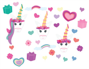 Hand drawn doodle Unicorn set, Unicorns, rainbows, hearts and flowers on White background
