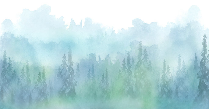 Fototapeta Watercolor art illustration. Drawing of the blue forest, pine tree, spruce, cedar. Dark, dense forest, suburban landscape. Postcard, logo, card. Misty forest, haze.