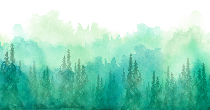 Fototapeta Watercolor group of trees - fir, pine, cedar, fir-tree. green forest, landscape, forest landscape. Drawing on white isolated background. Misty forest in haz. Ecological poster. Watercolor painting