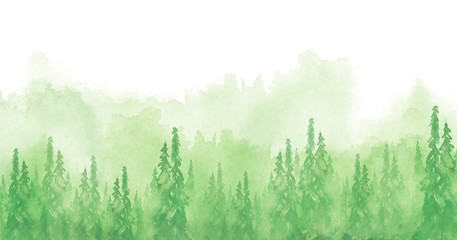 Obraz premium Watercolor group of trees - fir, pine, cedar, fir-tree. green forest, landscape, forest landscape. Drawing on white isolated background. Misty forest in haz. Ecological poster. Watercolor painting