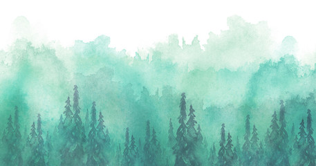 Watercolor art illustration. Drawing of the blue forest, pine tree, spruce, cedar. Dark, dense forest, suburban landscape. Postcard, logo, card. Misty forest, haze.