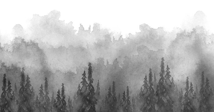 Fototapeta Watercolor picture of mountains, rocks, peaks. Coniferous forest, pine, spruce, fir, cedar. Black silhouettes. Abstract vintage spots of black, white. Postcard, logo, poster. Splash of paint.