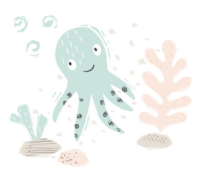 Fototapeta premium Octopus baby cute print. Sweet sea animal.