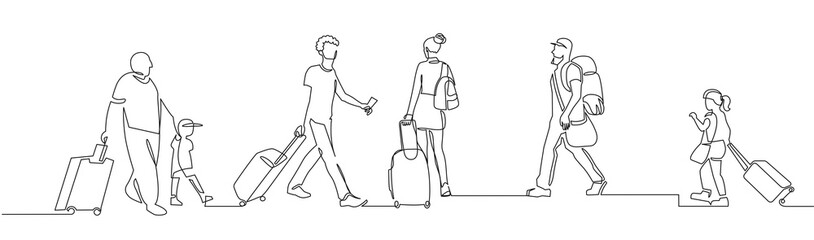 People walking with luggage continuous one line vector drawing