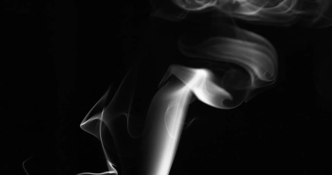 Tobacco Black and White Smoke. White clearly expressed smoke slowly rises from the bottom of the screen and forms elegant twists on a black background. Filmed at a speed of 120fps