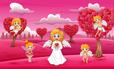 Cartoon a group of cupid on the field pink