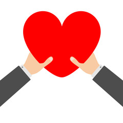 Two businessman hands arms holding red heart icon shape sign. Happy Valentines day. Greeting card. Flat design style. Love soul gift concept. Close up body part. White background. Isolated.