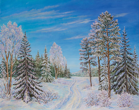 Winter landscape with the road and pine trees in the snow on a canvas. Original oil painting.