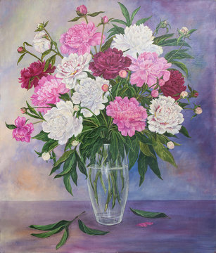 Still life with beautiful pink and white peonies in glass vase. Original oil painting.