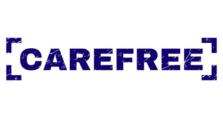 CAREFREE title seal watermark with grunge texture. Text caption is placed inside corners. Blue vector rubber print of CAREFREE with grunge texture.